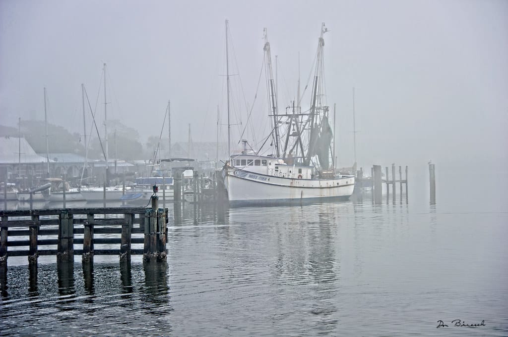 Shrimp boats tied up at the dock in morning fog at Fort Myers Beach
